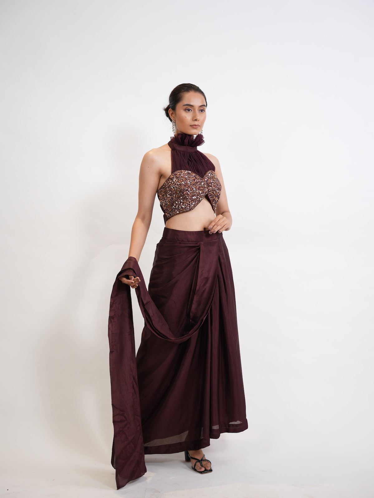 Wine Sequin Halter Neck Pre-Draped Saree Set