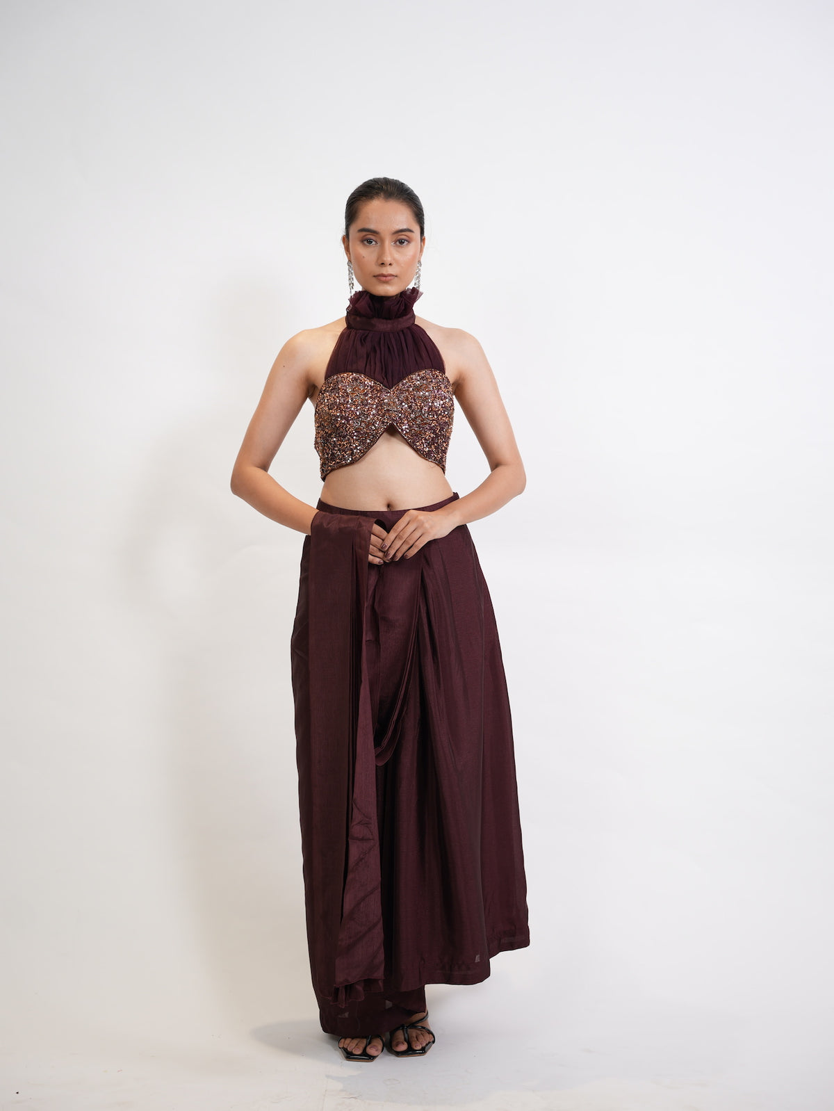 Wine Sequin Halter Neck Pre-Draped Saree Set