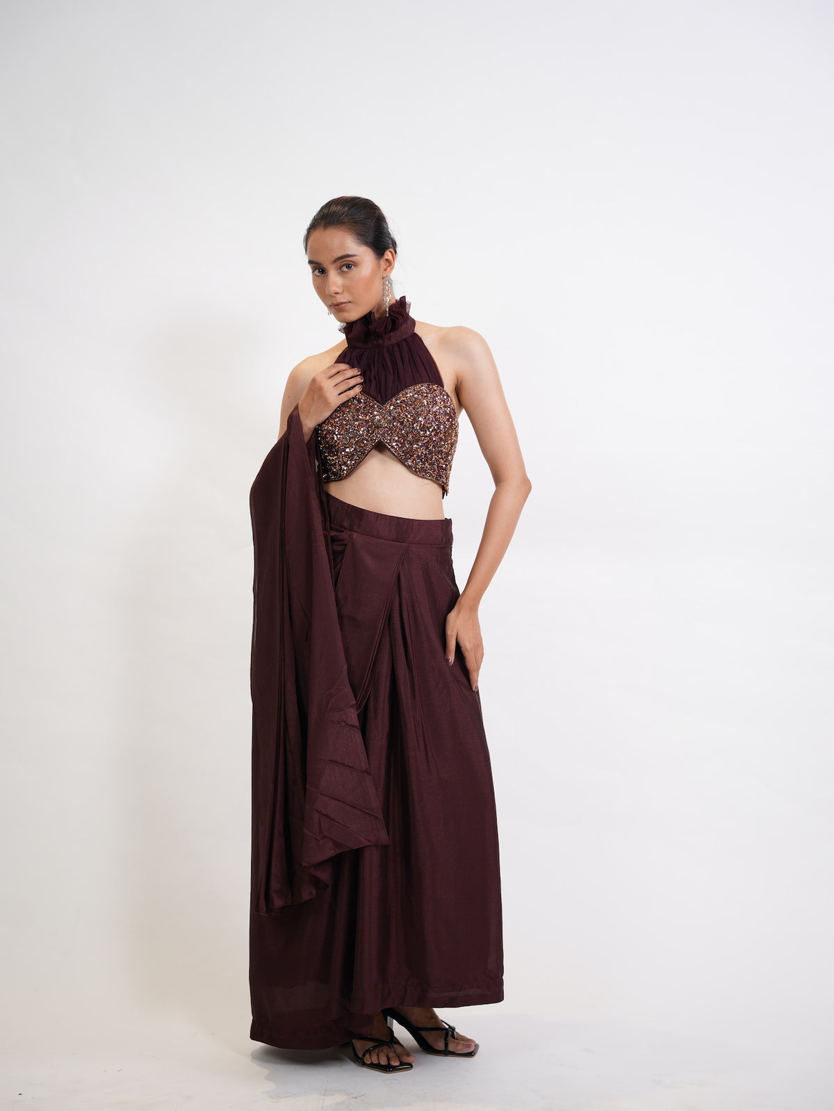 Wine Sequin Halter Neck Pre-Draped Saree Set