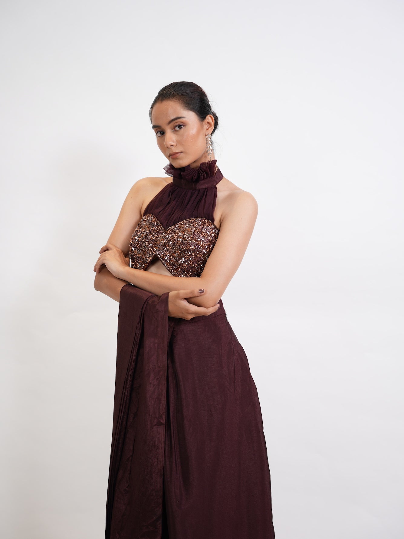 Wine Sequin Halter Neck Pre-Draped Saree Set