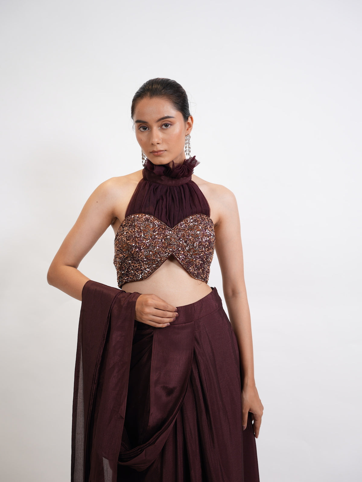 Wine Sequin Halter Neck Pre-Draped Saree Set