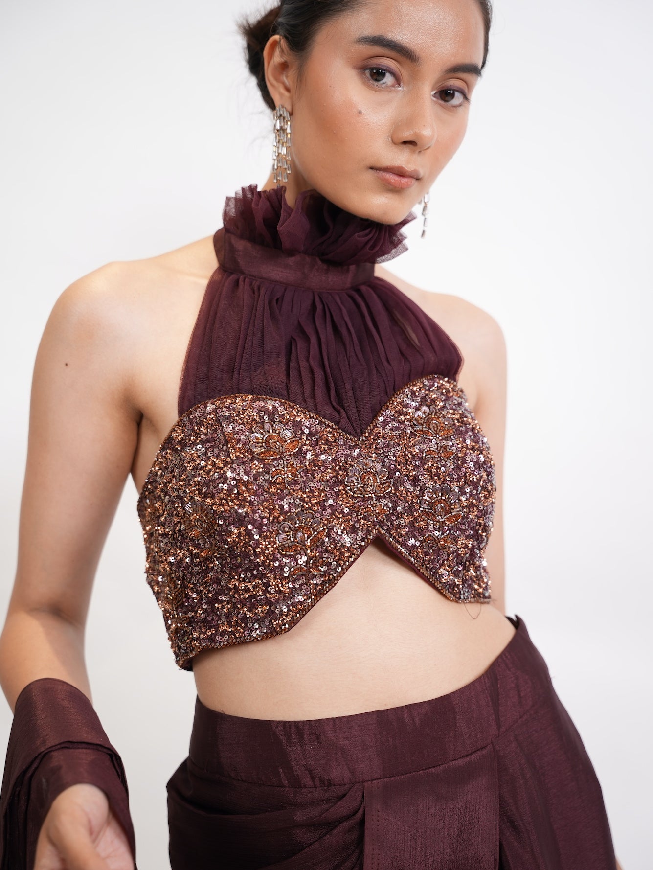 Wine Sequin Halter Neck Pre-Draped Saree Set