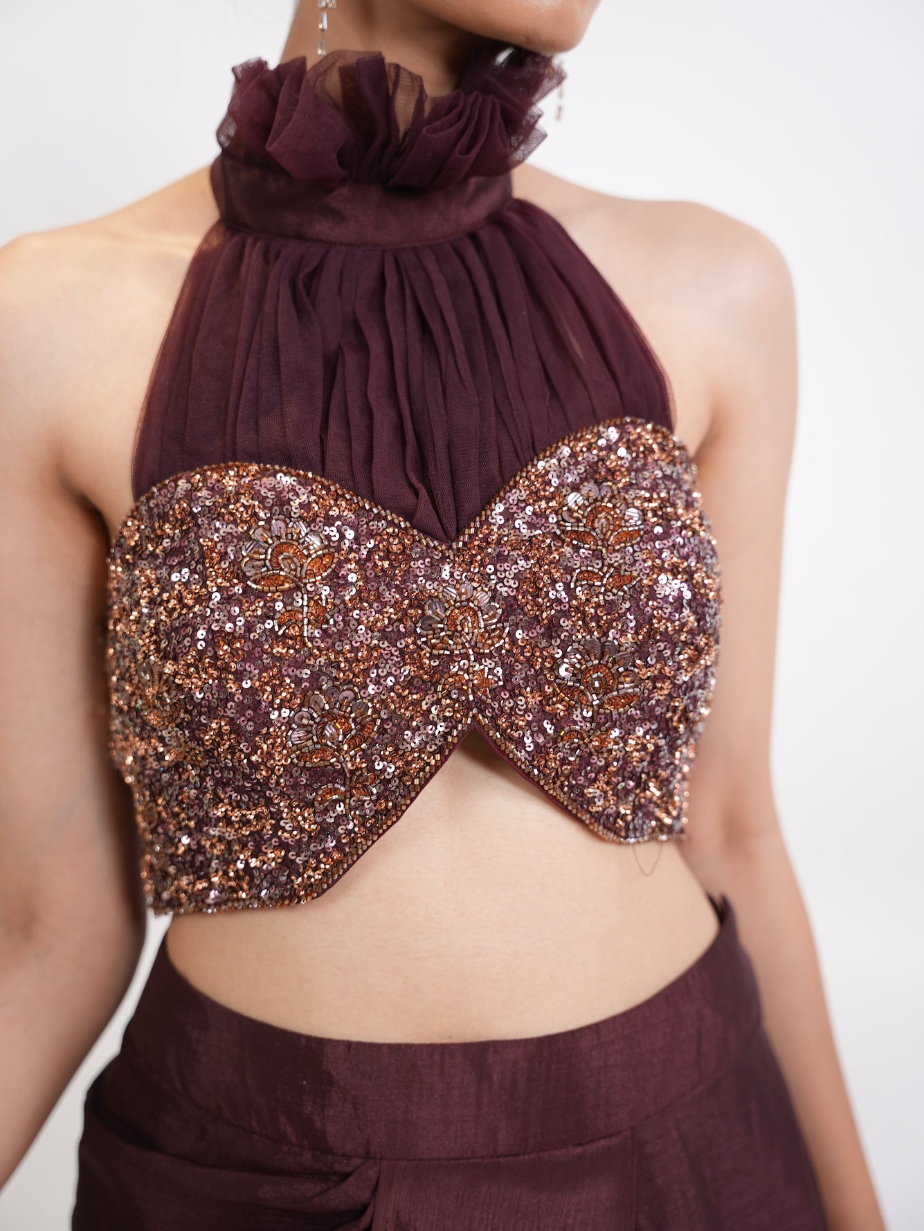 Wine Sequin Halter Neck Pre-Draped Saree Set