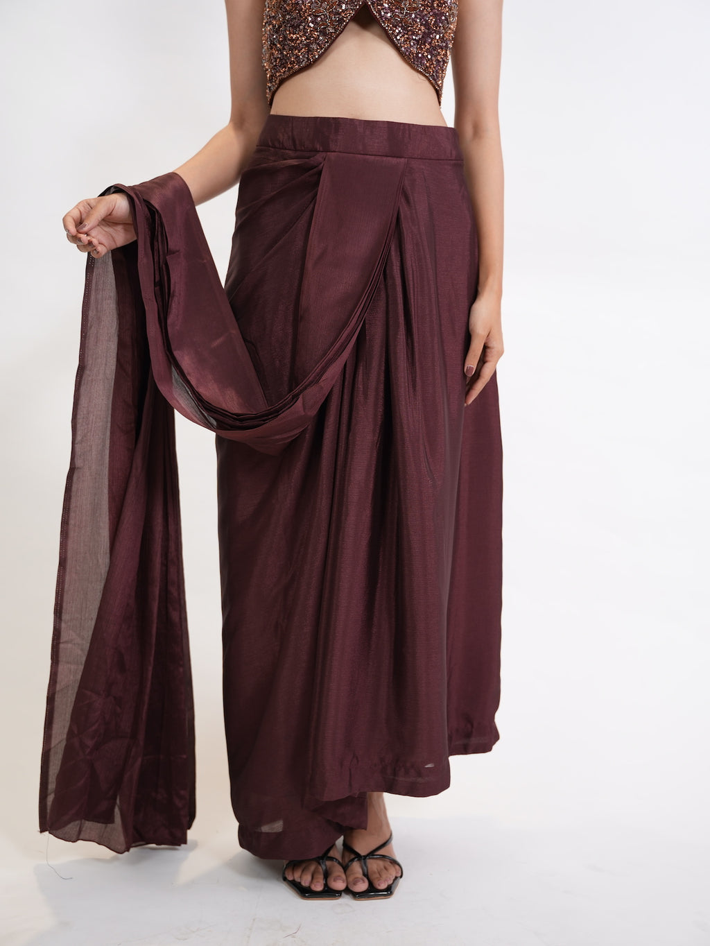 Wine Sequin Halter Neck Pre-Draped Saree Set