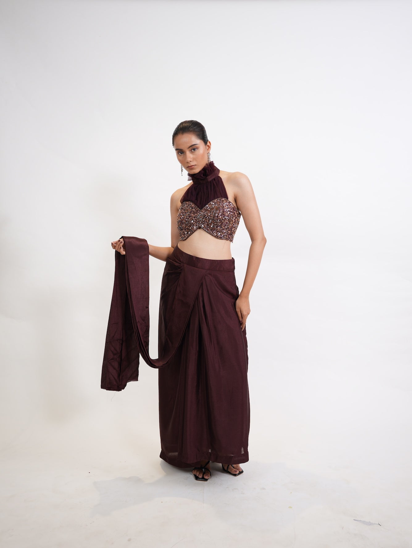 Wine Sequin Halter Neck Pre-Draped Saree Set