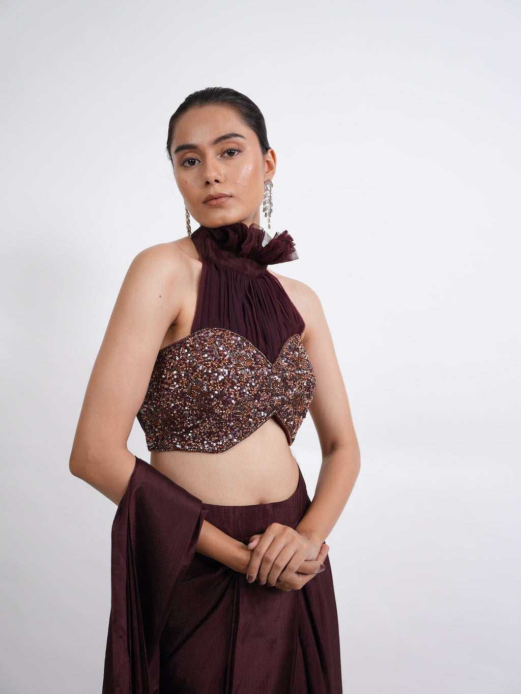 Wine Sequin Halter Neck Pre-Draped Saree Set