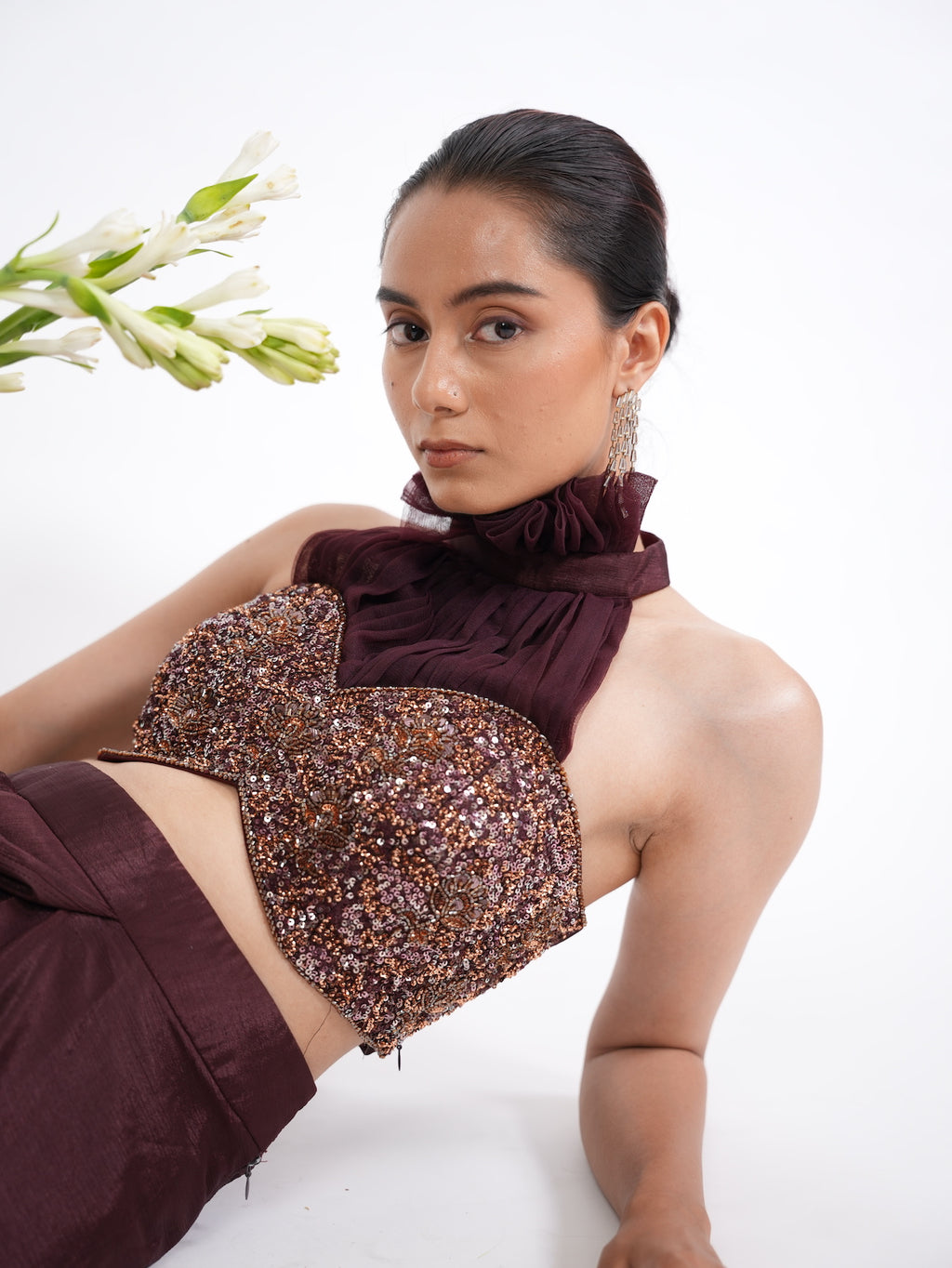 Wine Sequin Halter Neck Pre-Draped Saree Set