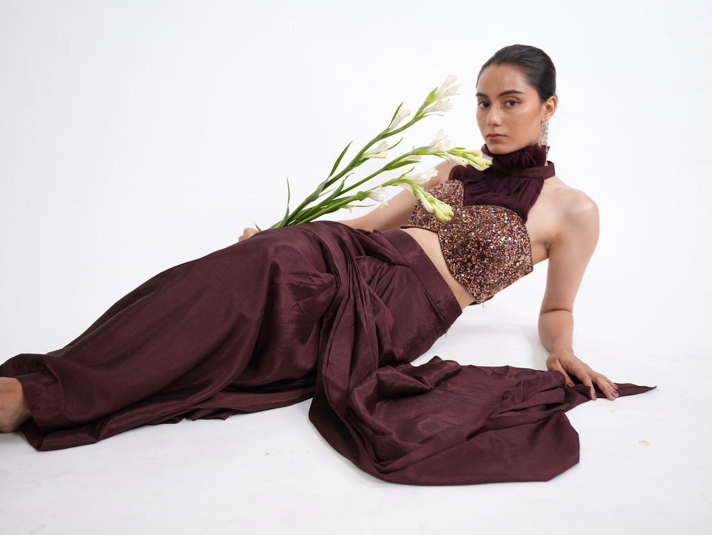 Wine Sequin Halter Neck Pre-Draped Saree Set