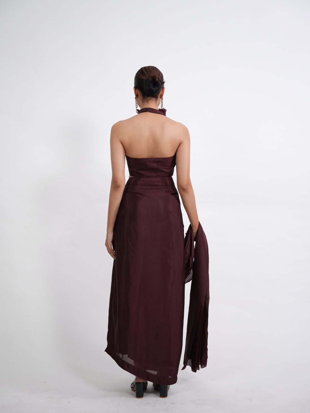 Wine Sequin Halter Neck Pre-Draped Saree Set