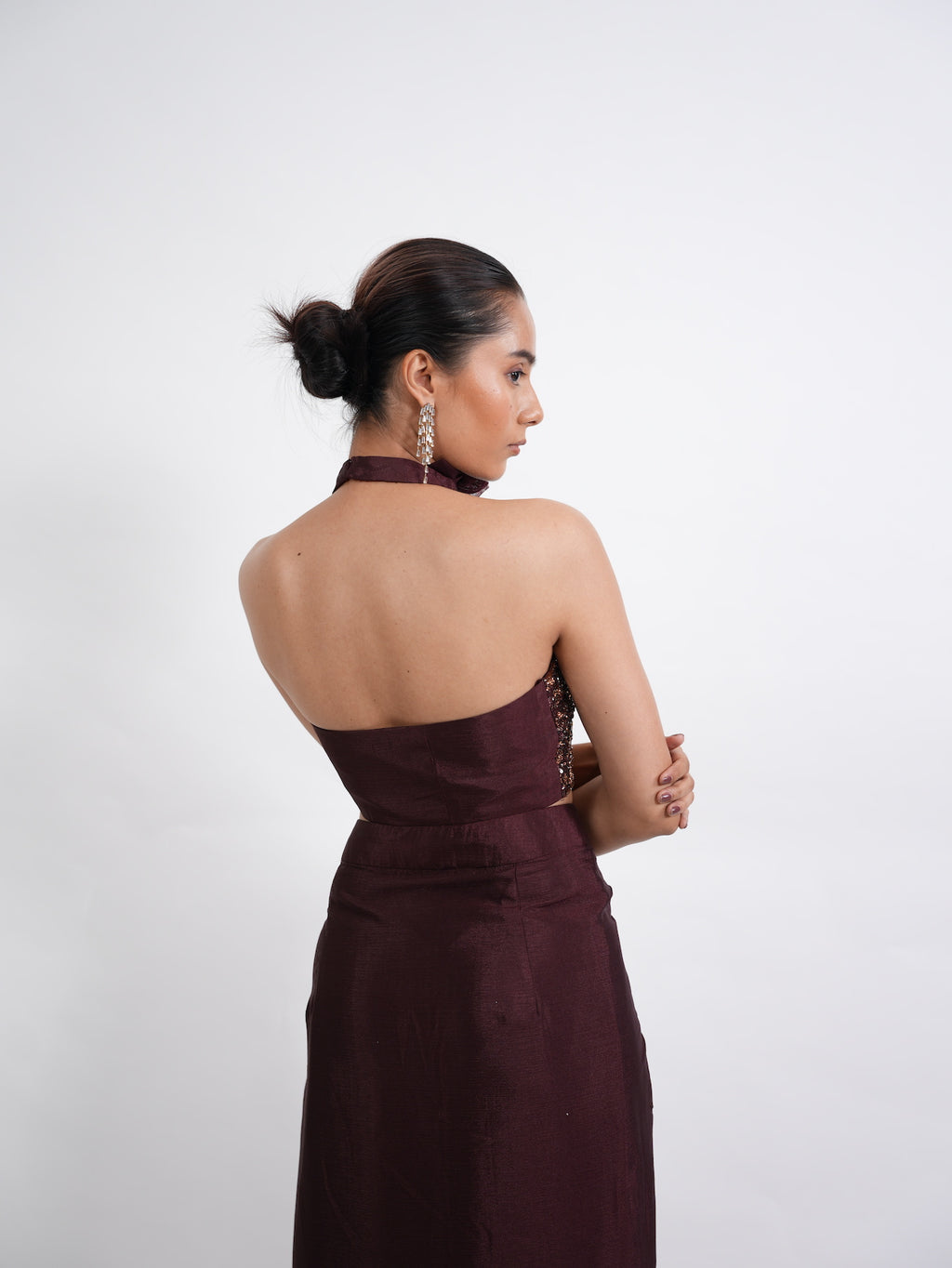 Wine Sequin Halter Neck Pre-Draped Saree Set