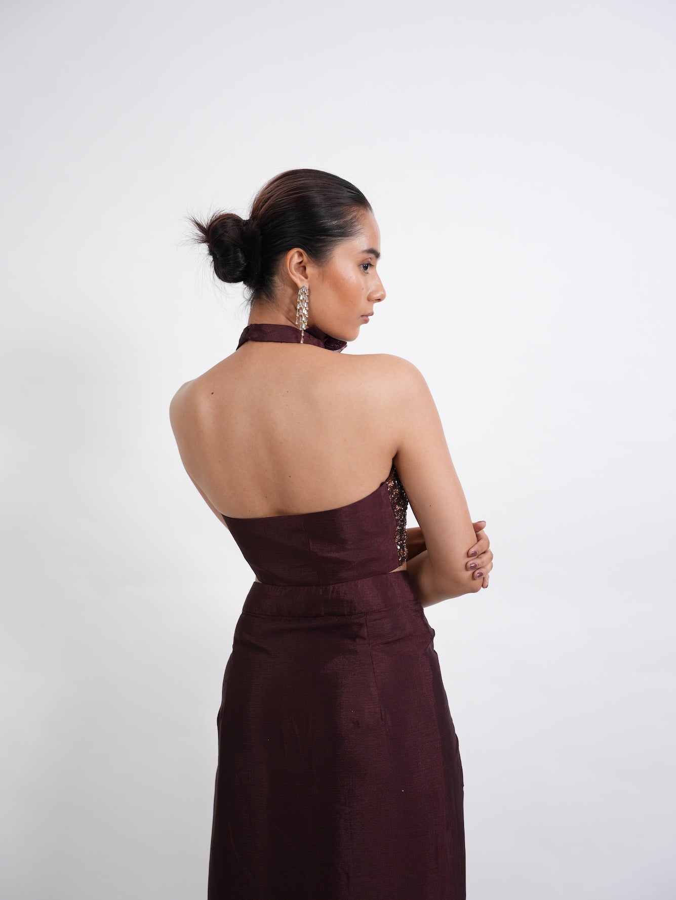 Wine Sequin Halter Neck Pre-Draped Saree Set