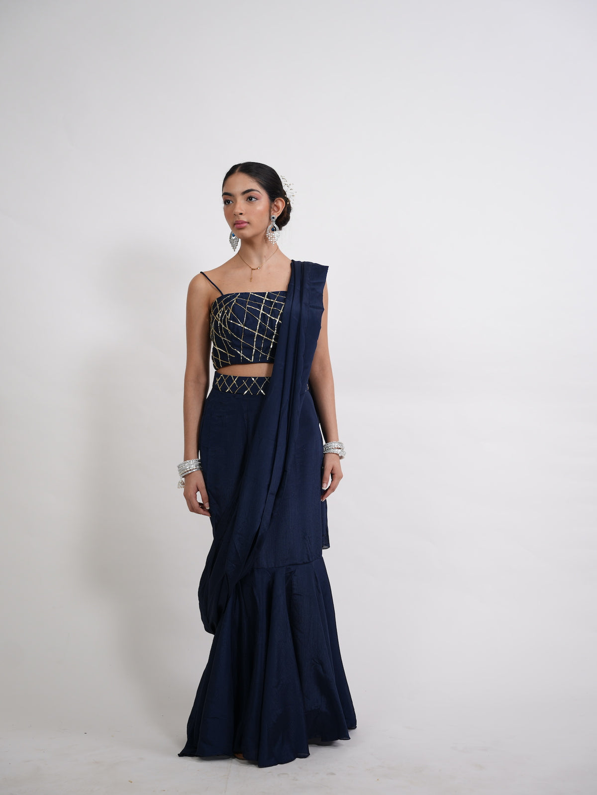 Navy Blue Pre-Draped Saree Set