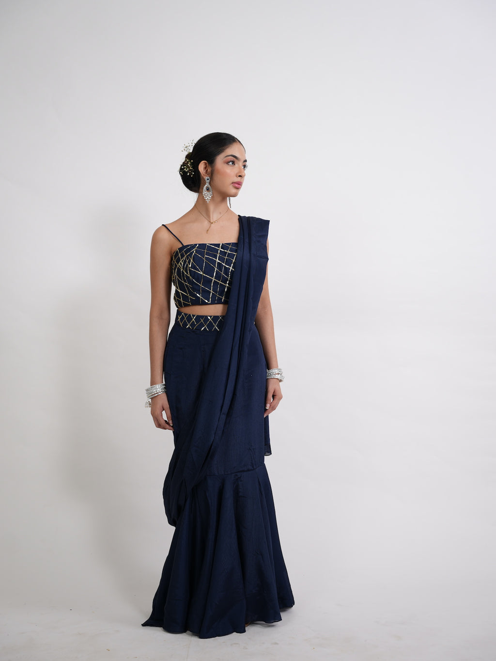 Navy Blue Pre-Draped Saree Set