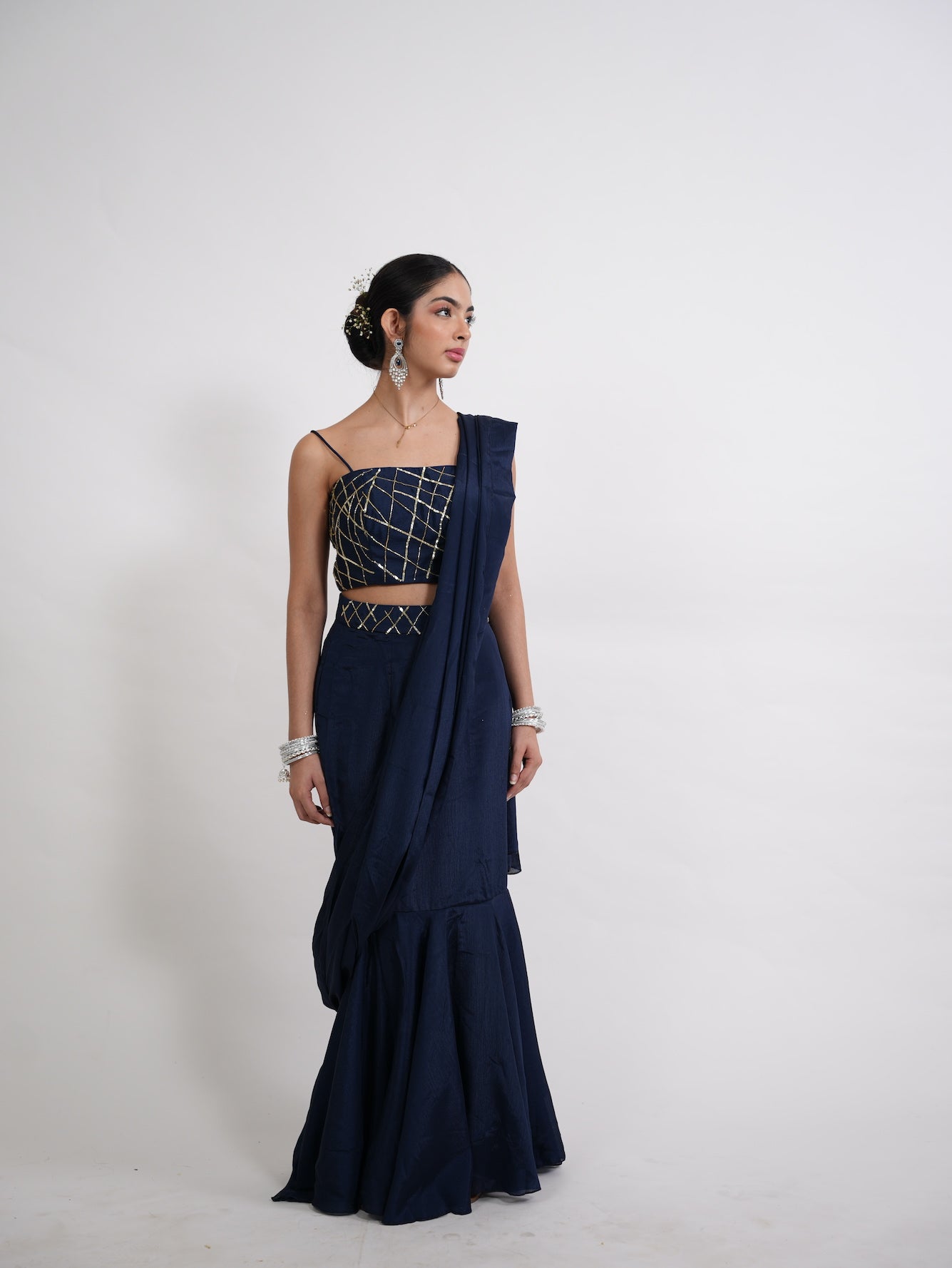Navy Blue Pre-Draped Saree Set
