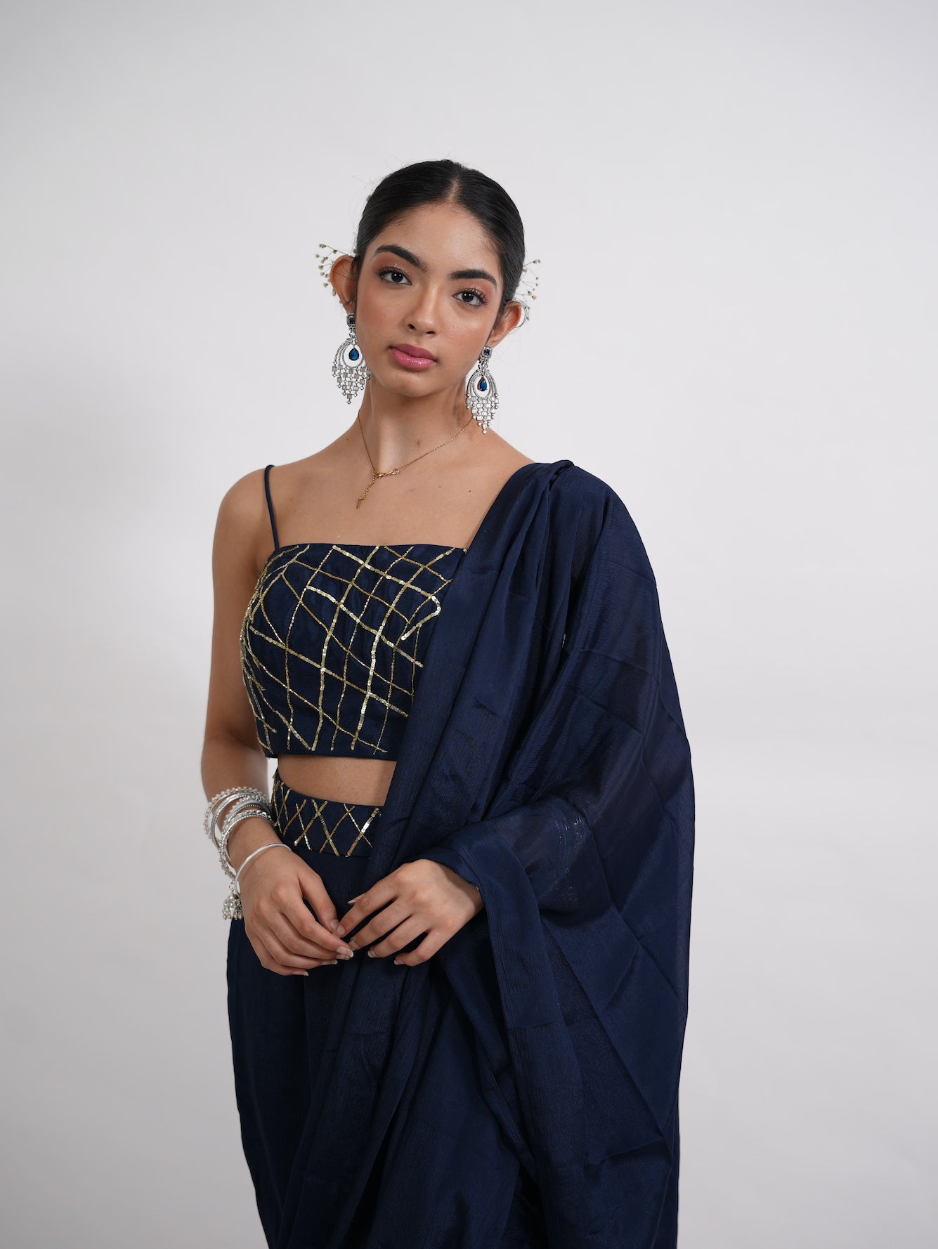 Navy Blue Pre-Draped Saree Set