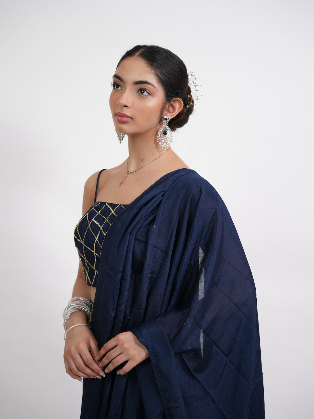 Navy Blue Pre-Draped Saree Set