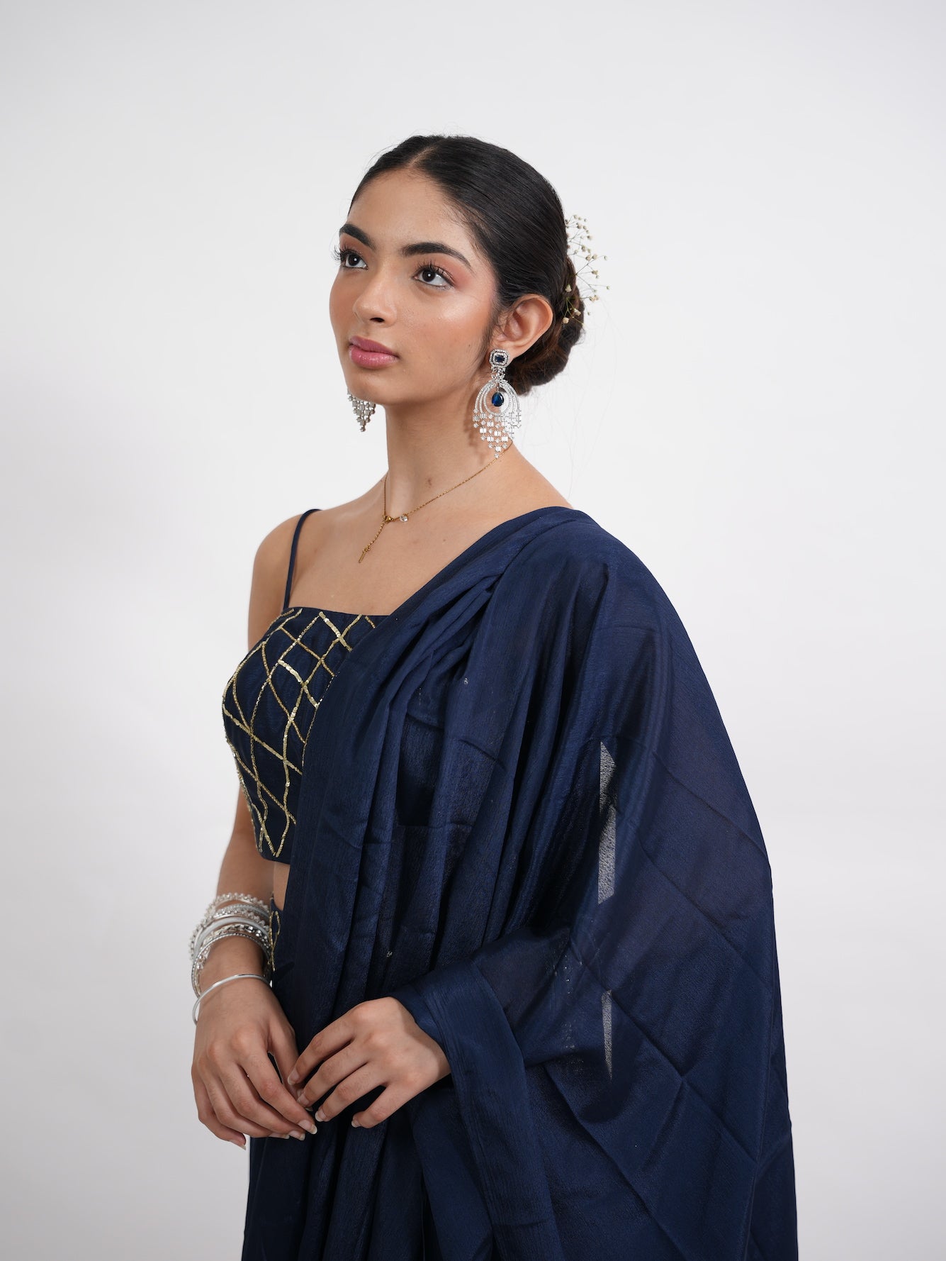 Navy Blue Pre-Draped Saree Set