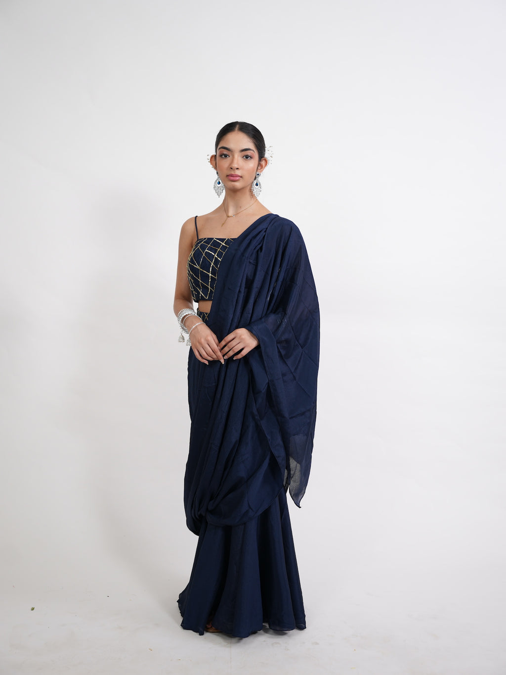 Navy Blue Pre-Draped Saree Set