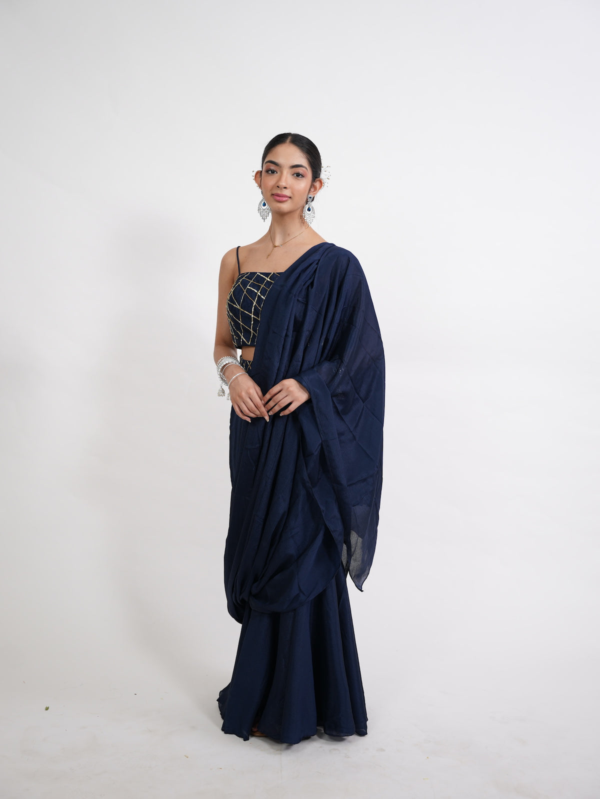 Navy Blue Pre-Draped Saree Set