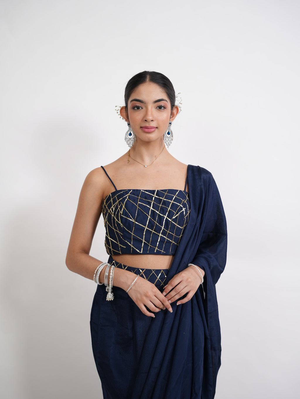 Navy Blue Pre-Draped Saree Set
