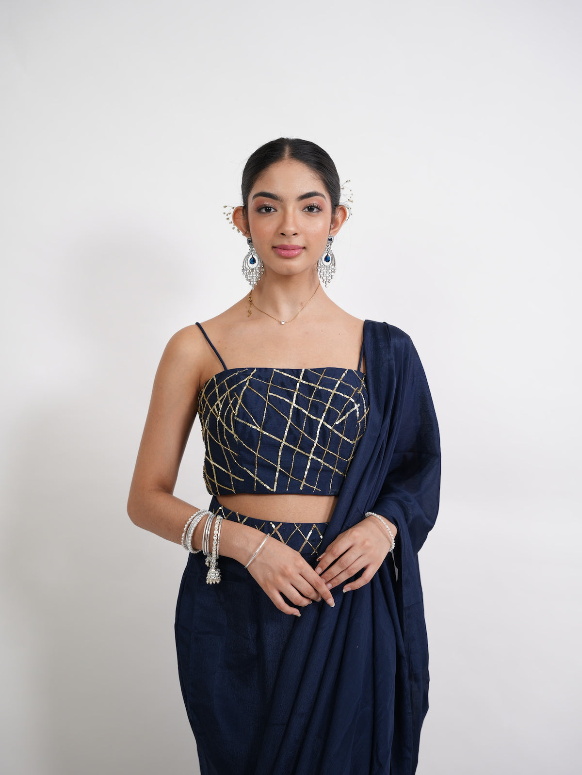 Navy Blue Pre-Draped Saree Set
