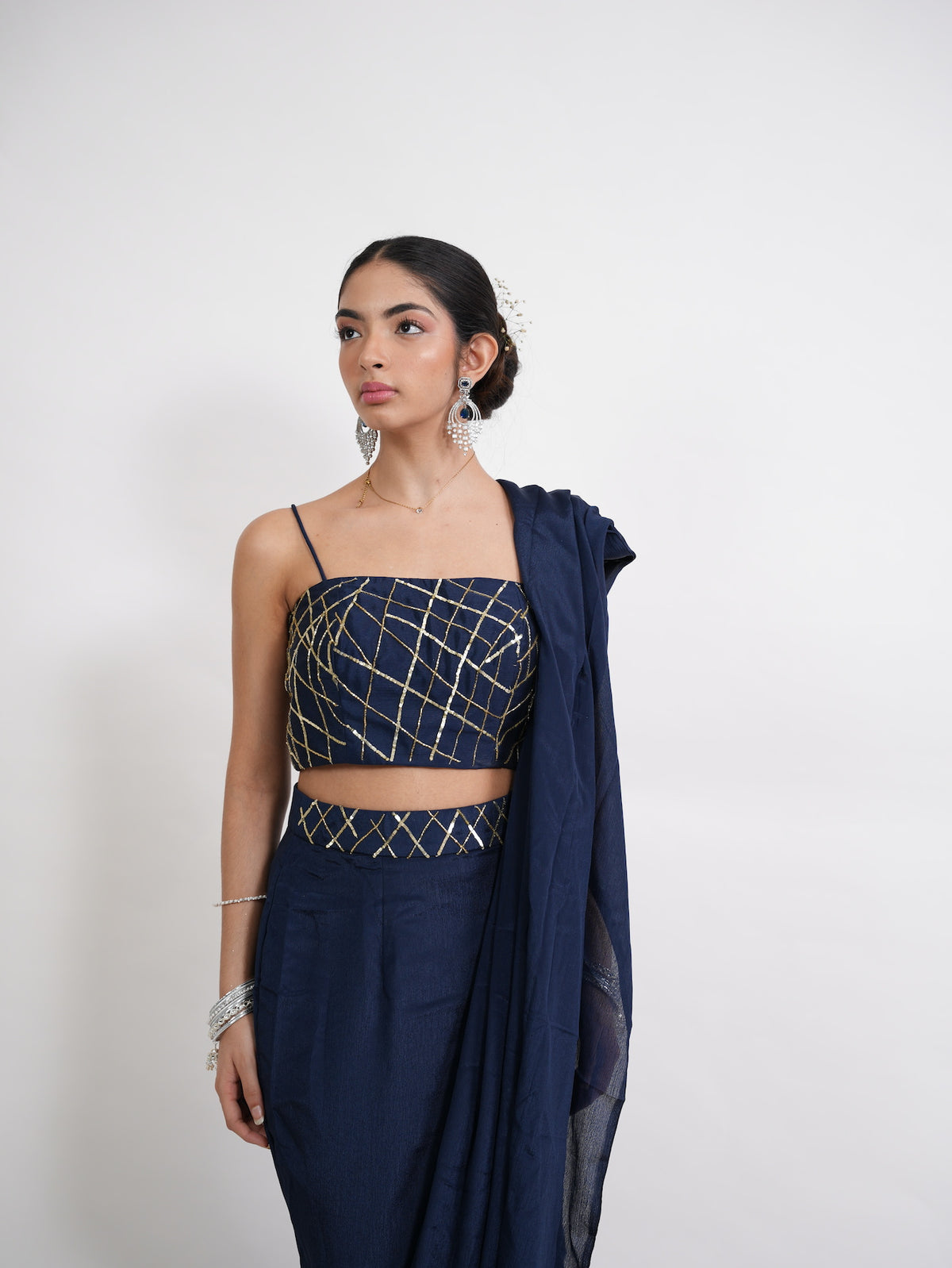 Navy Blue Pre-Draped Saree Set