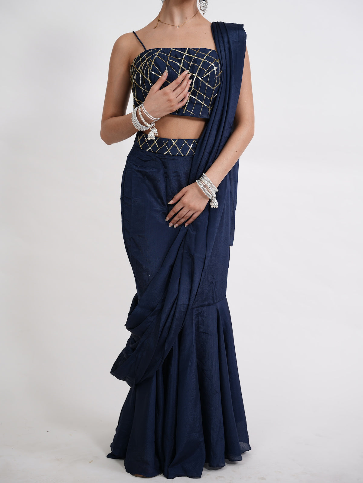 Navy Blue Pre-Draped Saree Set