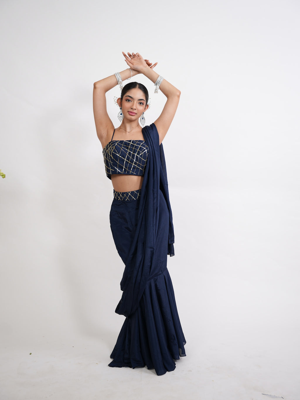Navy Blue Pre-Draped Saree Set