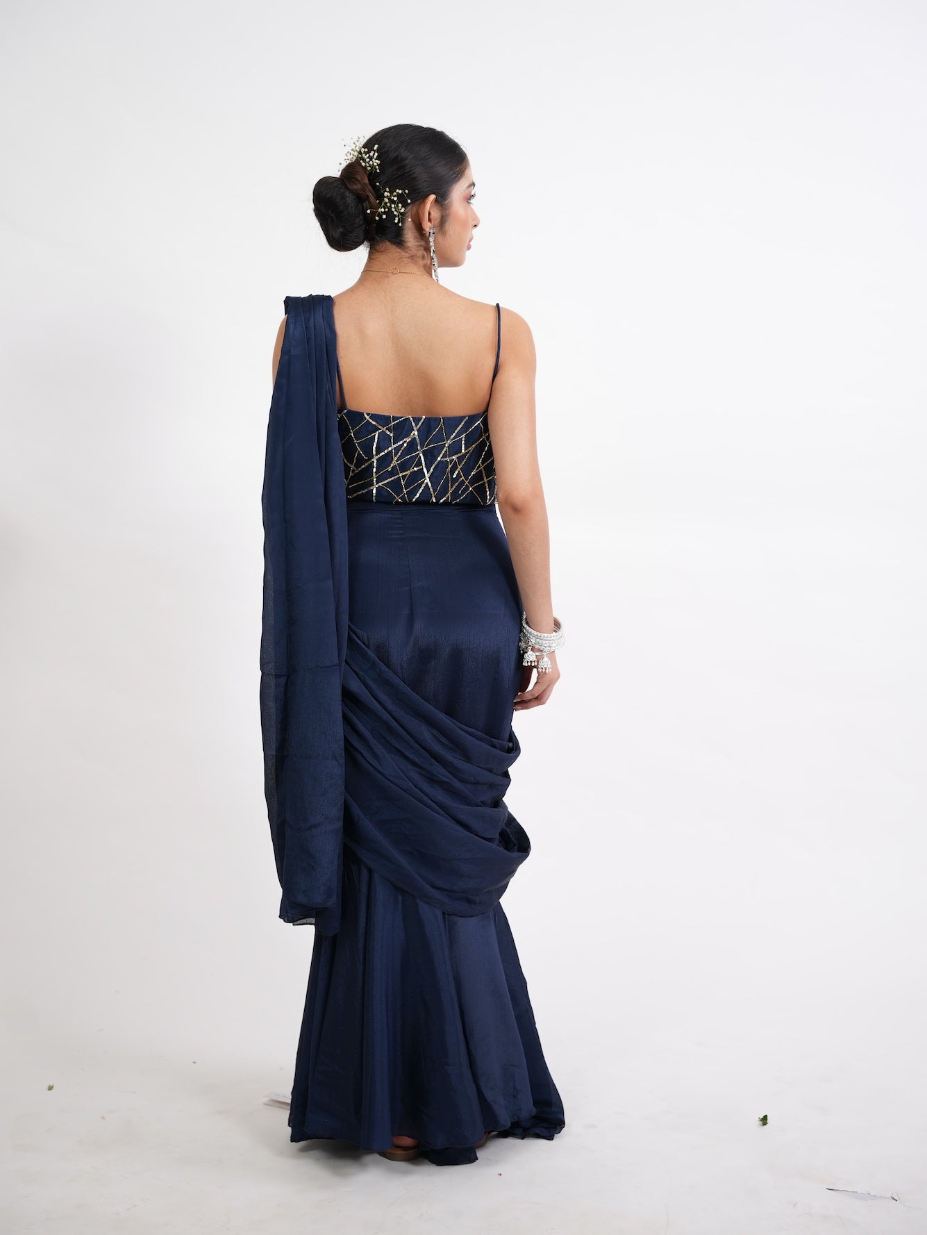 Navy Blue Pre-Draped Saree Set