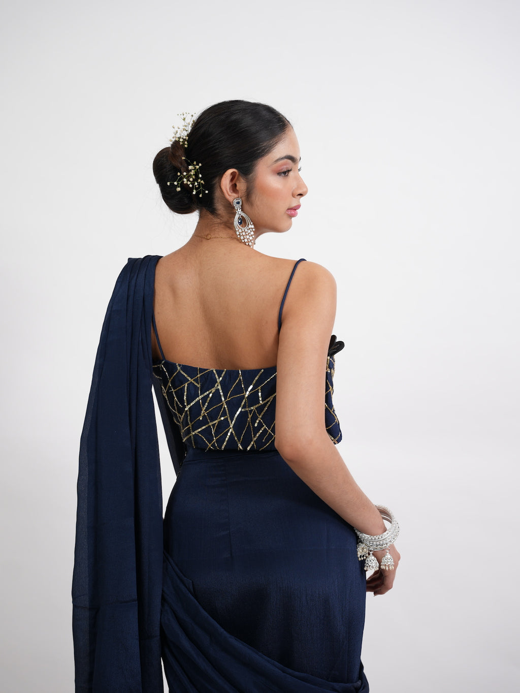 Navy Blue Pre-Draped Saree Set