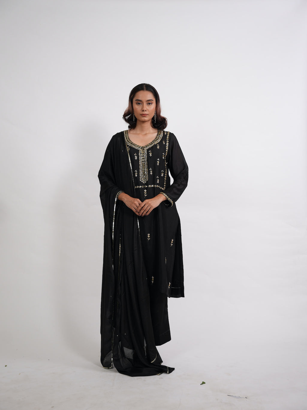 Black Gold Embroidered Silk Suit Set