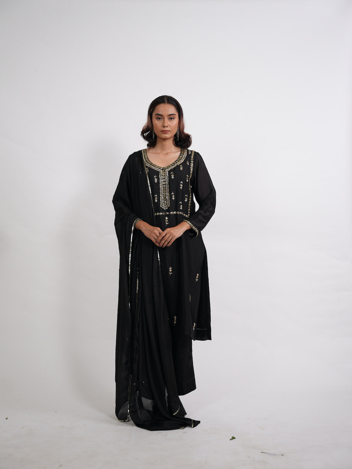 Black Gold Embroidered Silk Suit Set