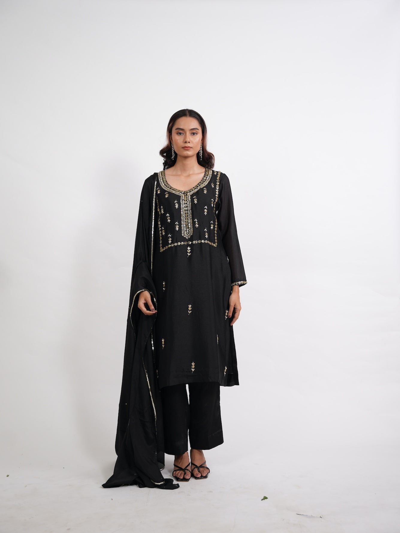 Black Gold Embroidered Silk Suit Set