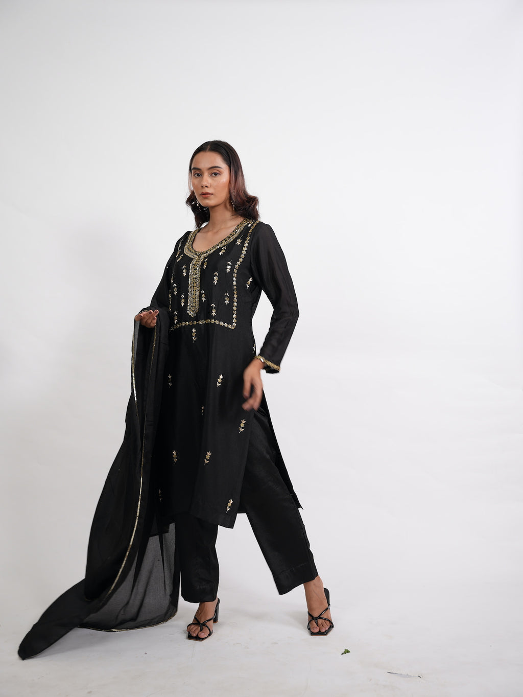 Black Gold Embroidered Silk Suit Set