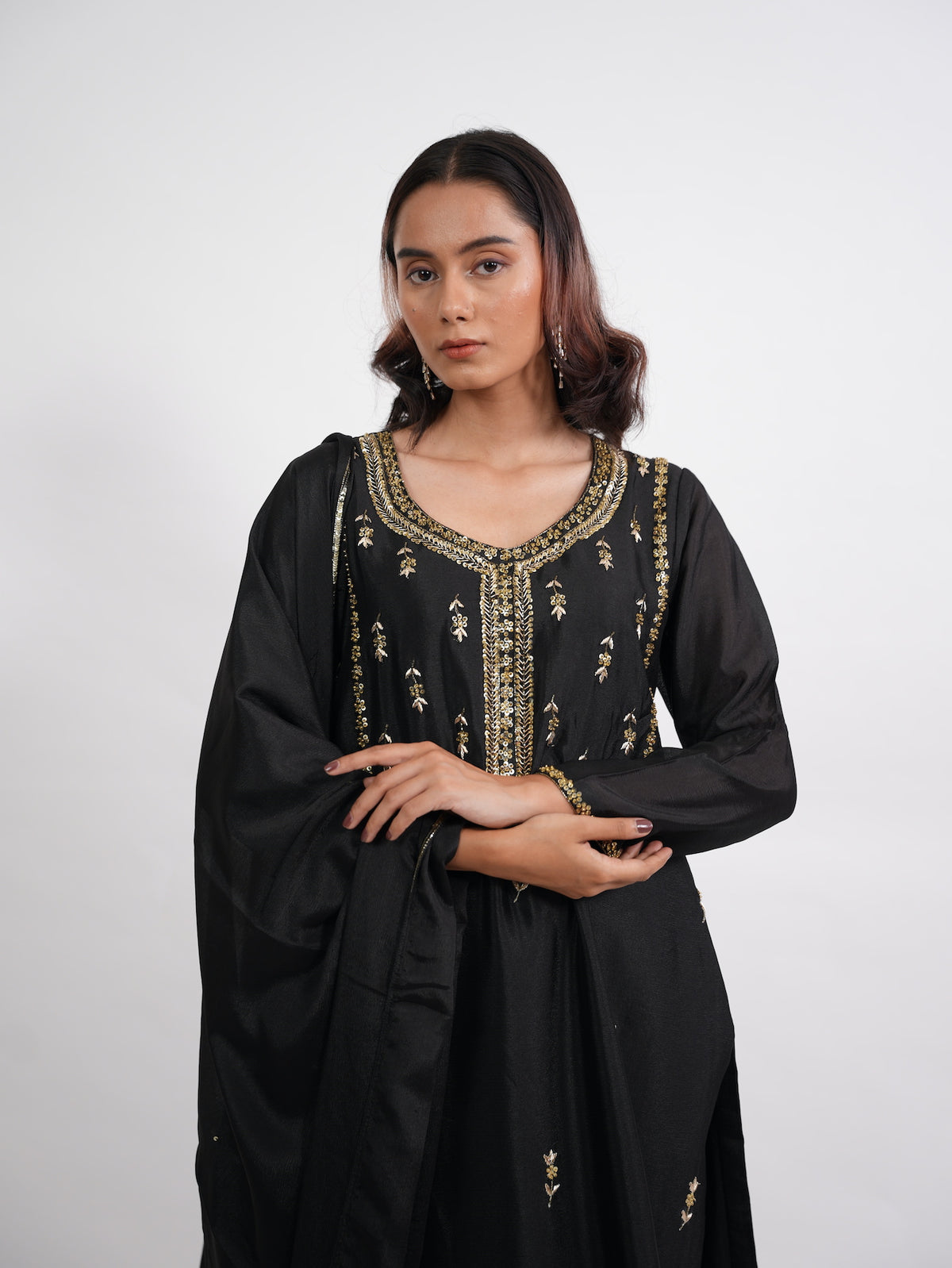 Black Gold Embroidered Silk Suit Set