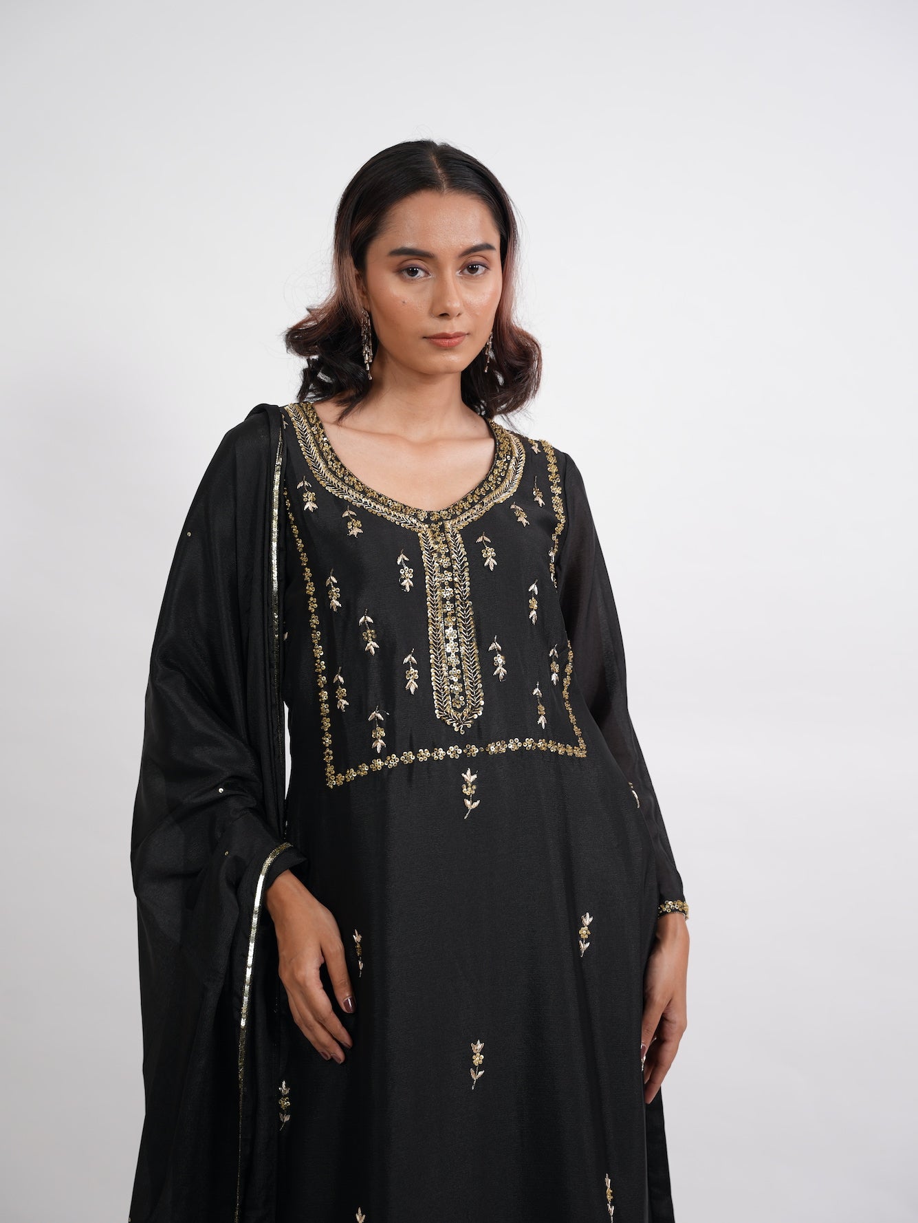 Black Gold Embroidered Silk Suit Set