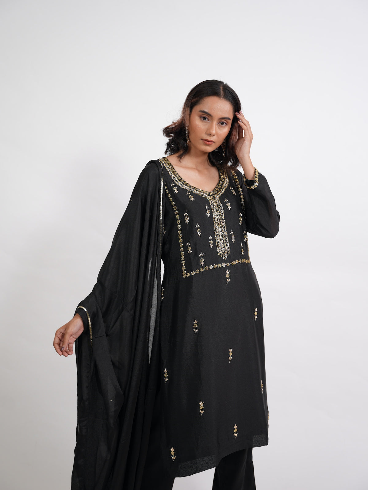 Black Gold Embroidered Silk Suit Set
