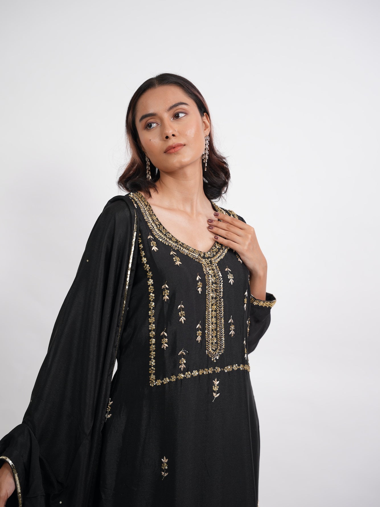 Black Gold Embroidered Silk Suit Set
