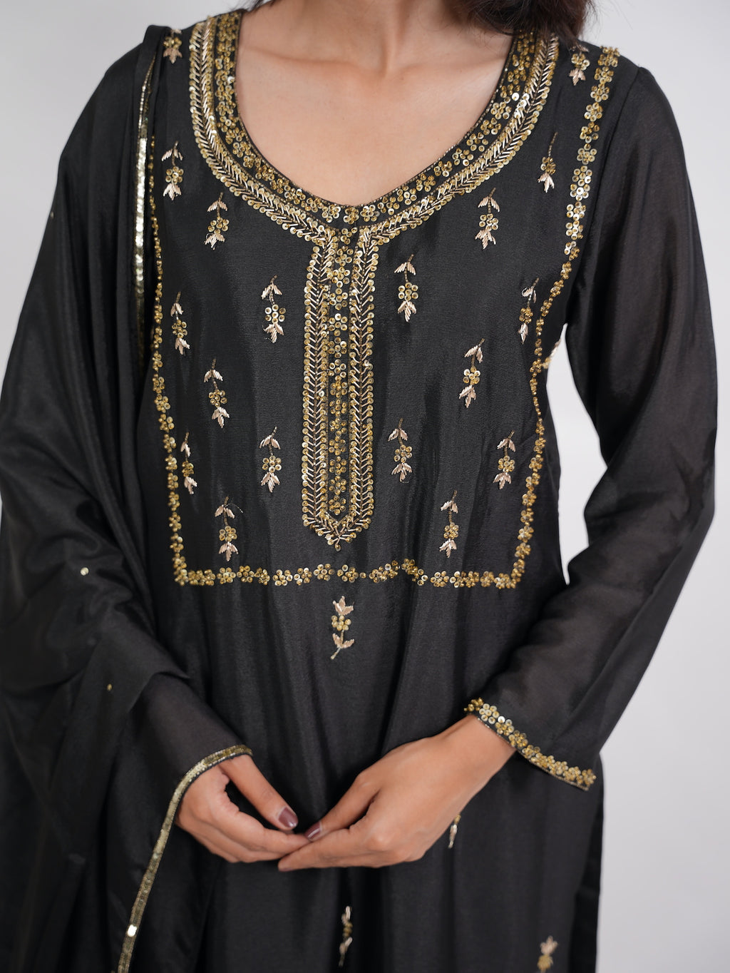 Black Gold Embroidered Silk Suit Set