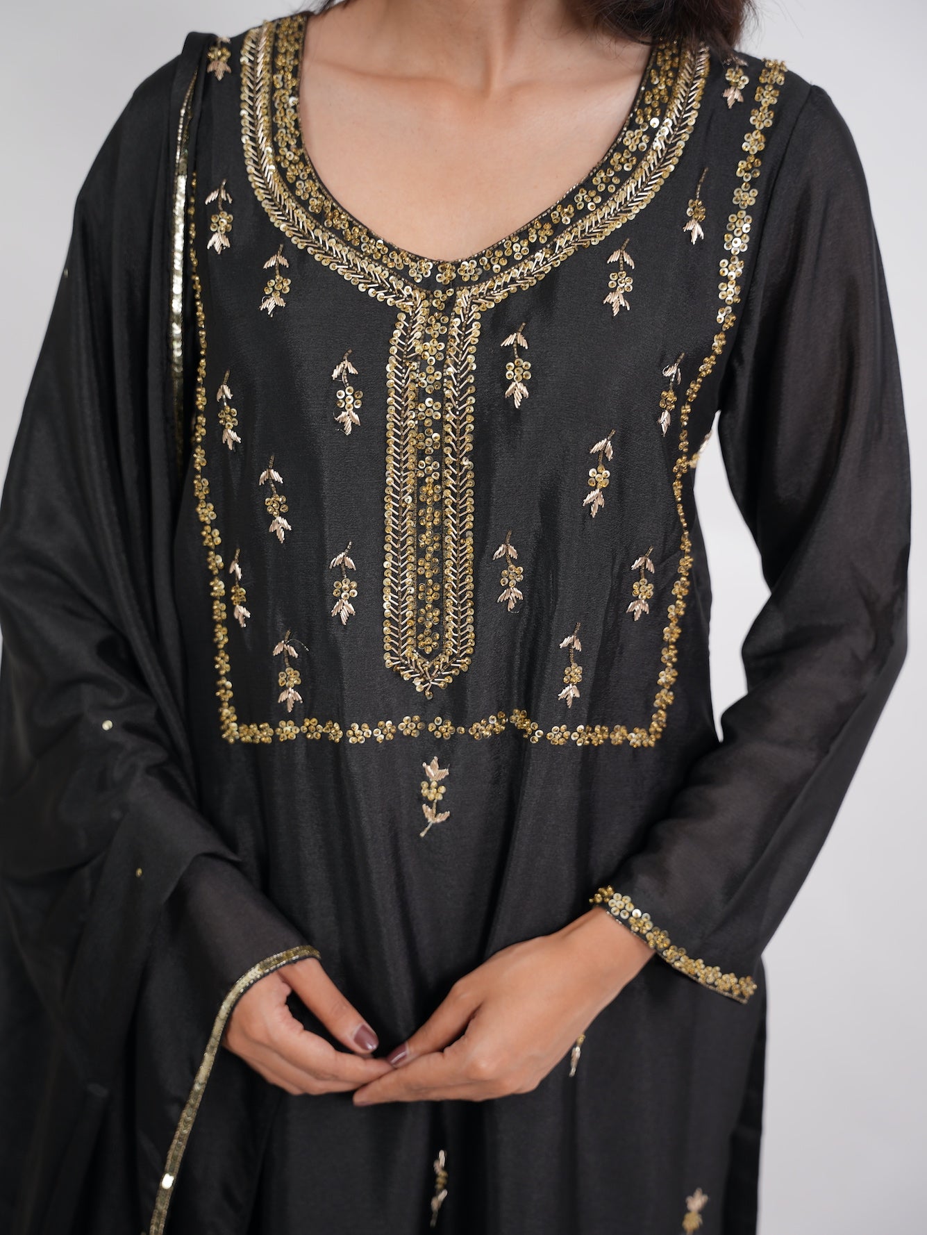 Black Gold Embroidered Silk Suit Set