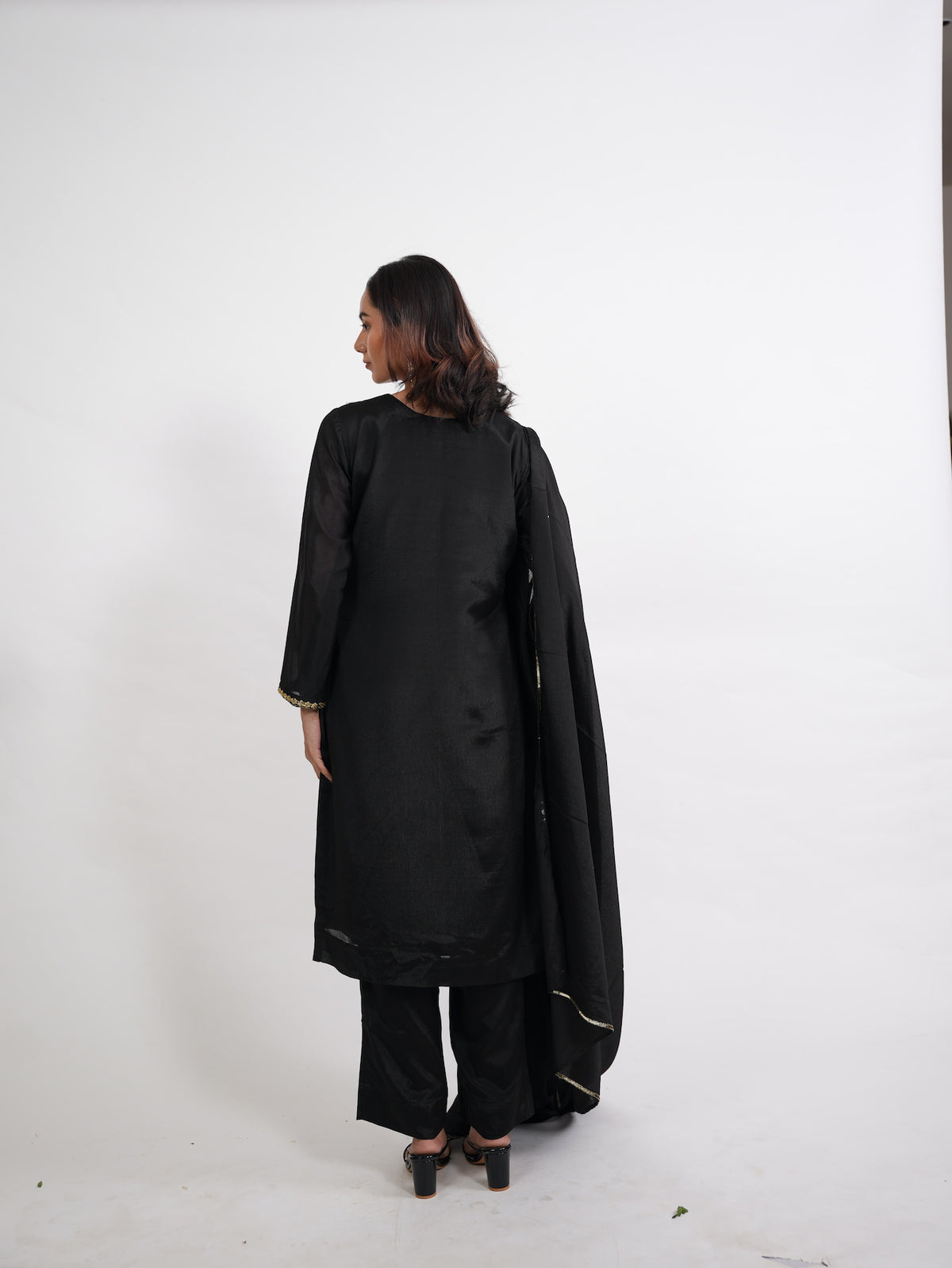 Black Gold Embroidered Silk Suit Set