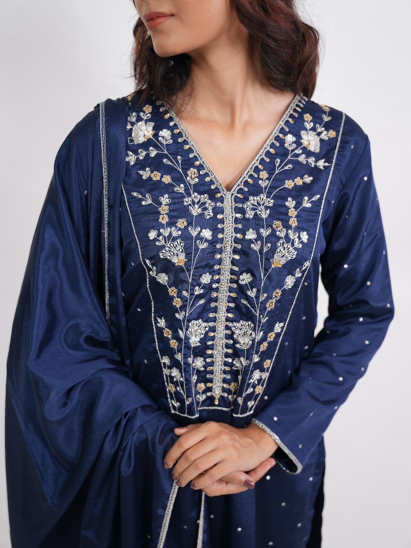 Navy Blue Embroidered Straight Kurta Set