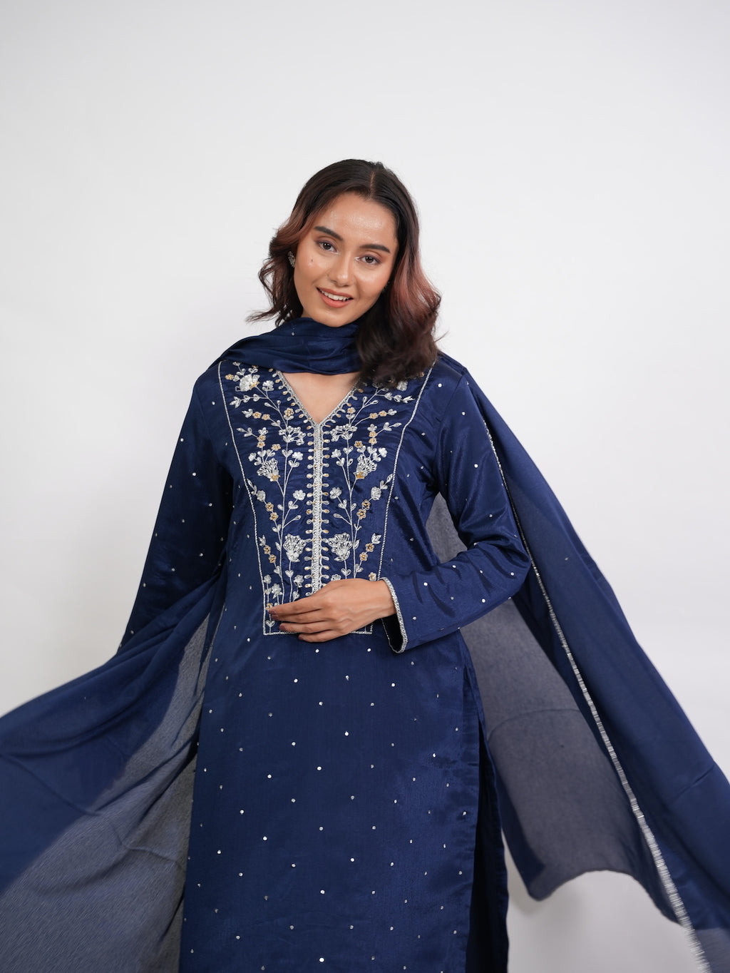 Navy Blue Embroidered Straight Kurta Set