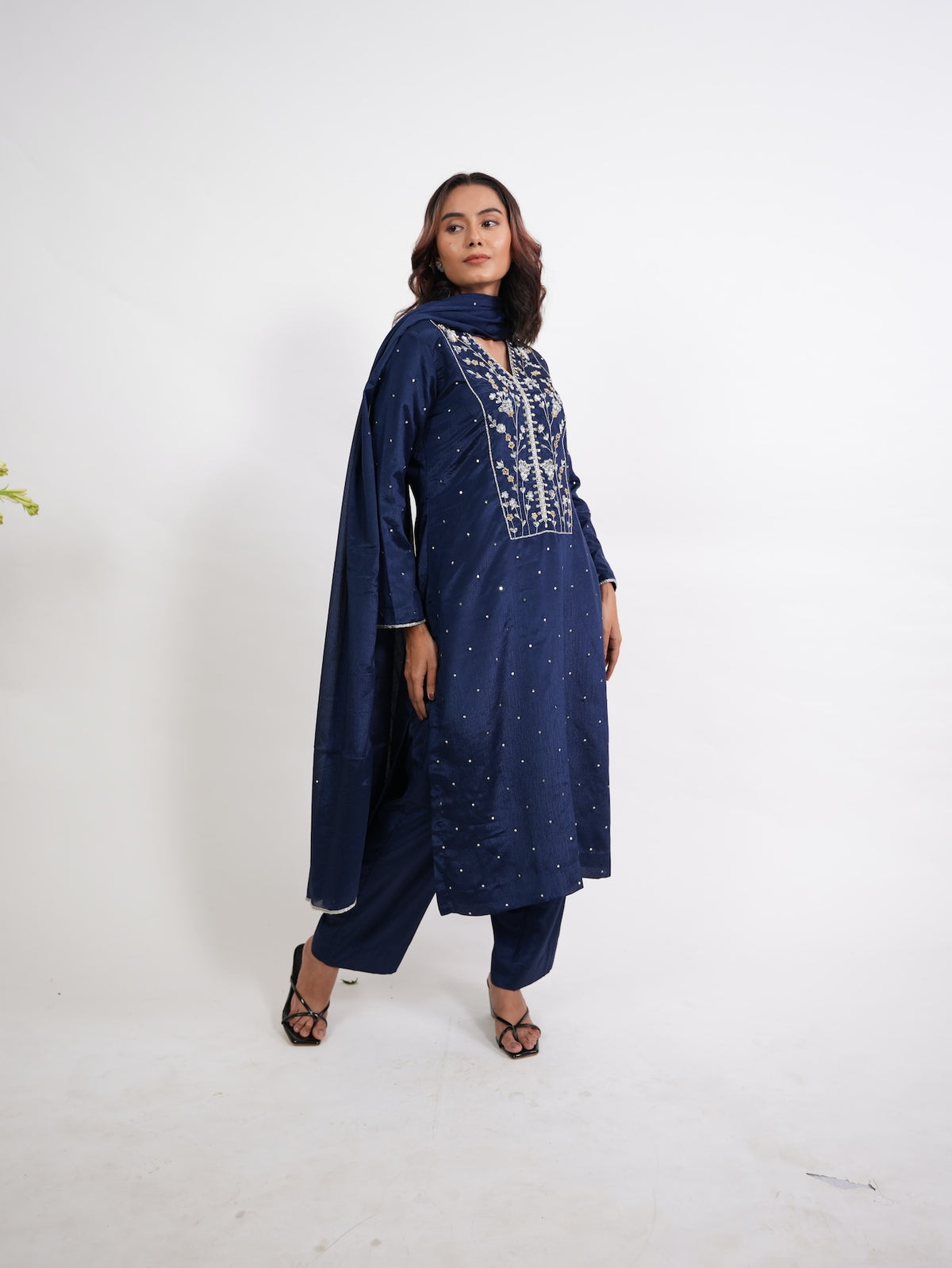 Navy Blue Embroidered Straight Kurta Set