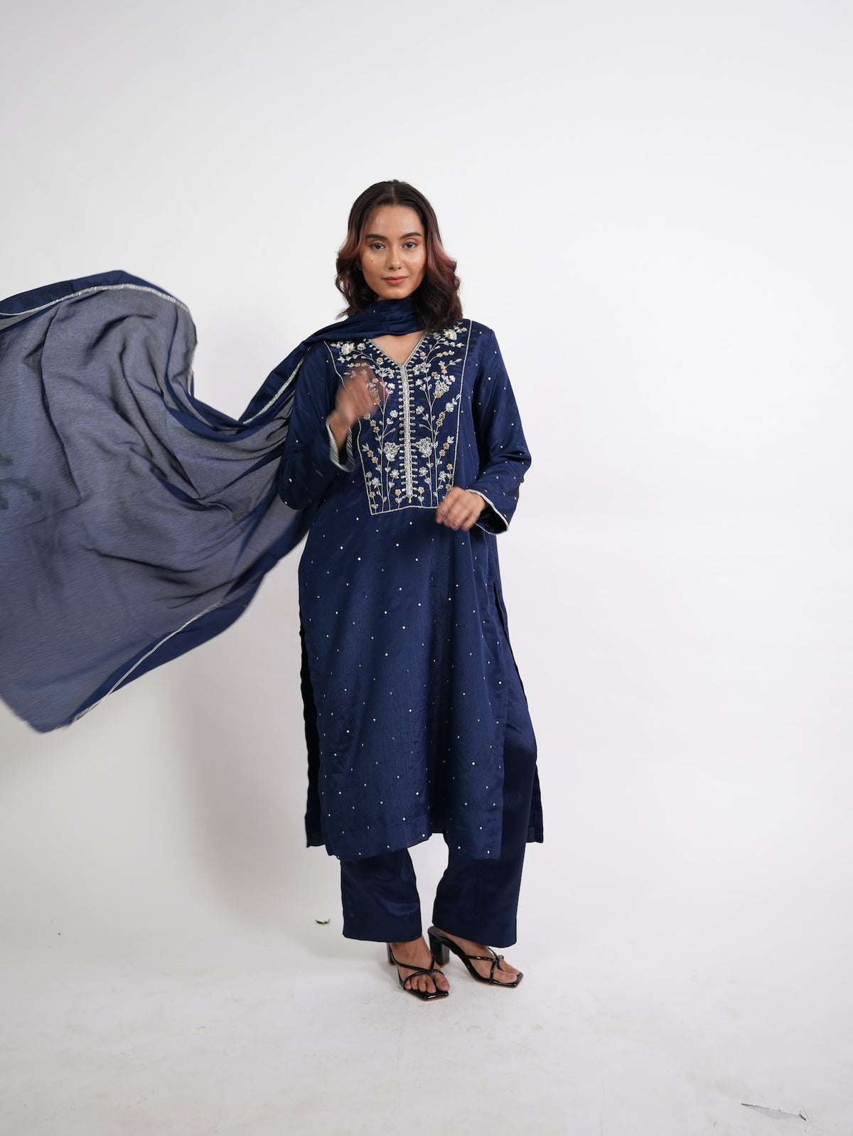 Navy Blue Embroidered Straight Kurta Set