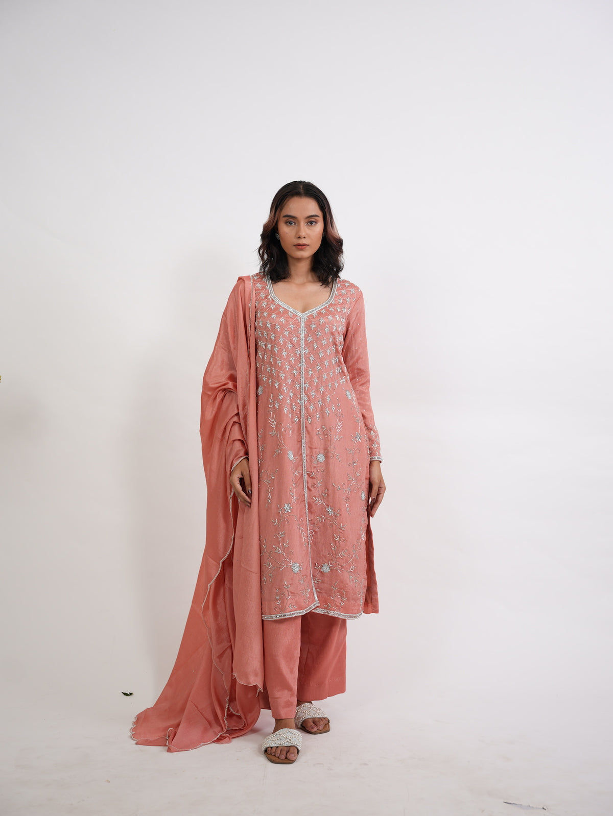 Dusty Peach Embroidered Silk Kurta Set