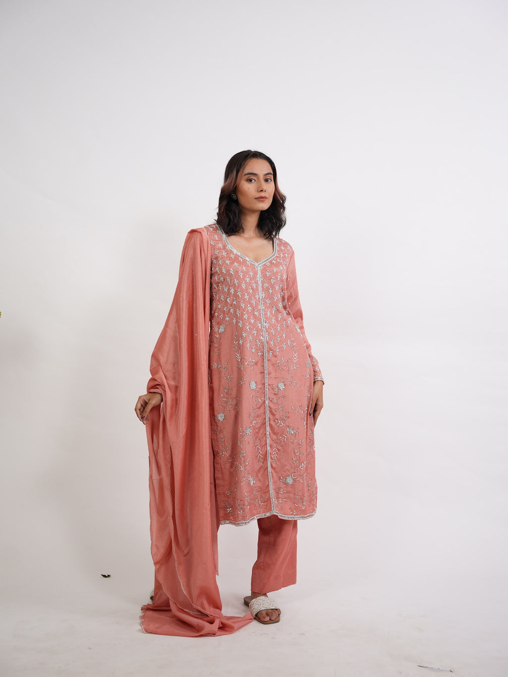 Dusty Peach Embroidered Silk Kurta Set