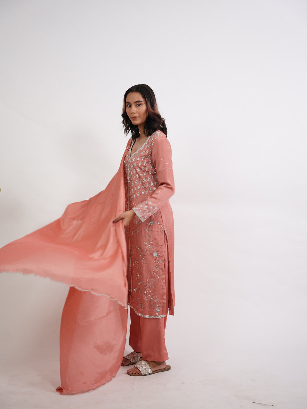 Dusty Peach Embroidered Silk Kurta Set