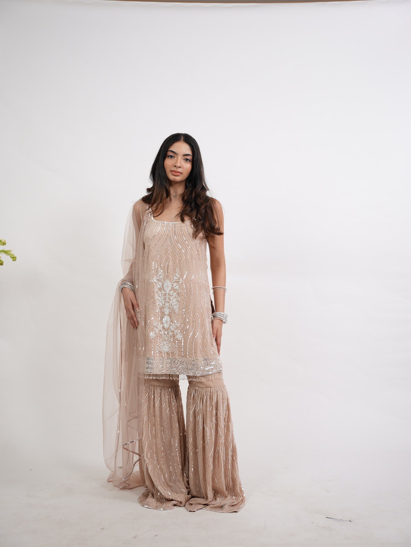 Nude Beige Sequin Embroidered Kurta Set