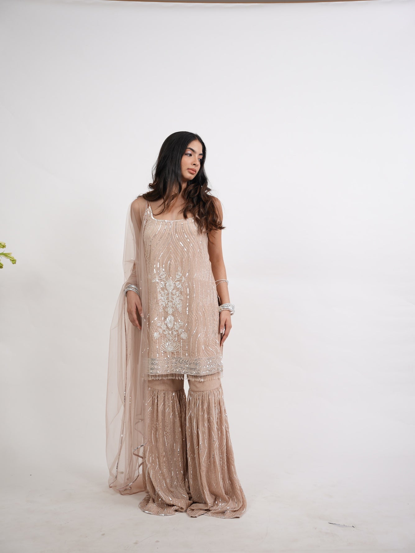 Nude Beige Sequin Embroidered Kurta Set
